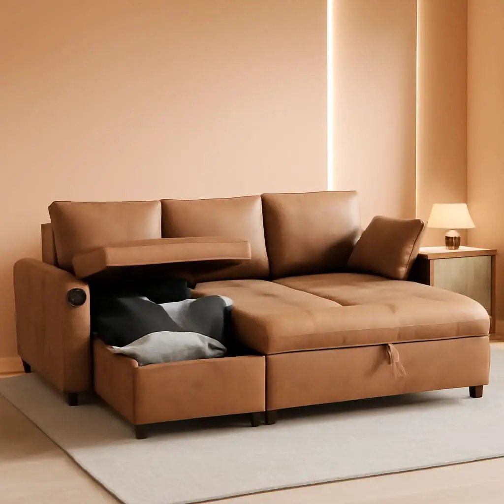 Brown Leather Sleeper Sofa Bed With Storage from PriceLows™