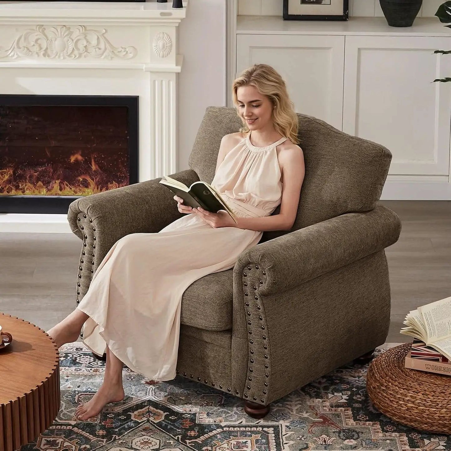 Brown Nailhead Trim Armchair For Living Room Decor from PriceLows™