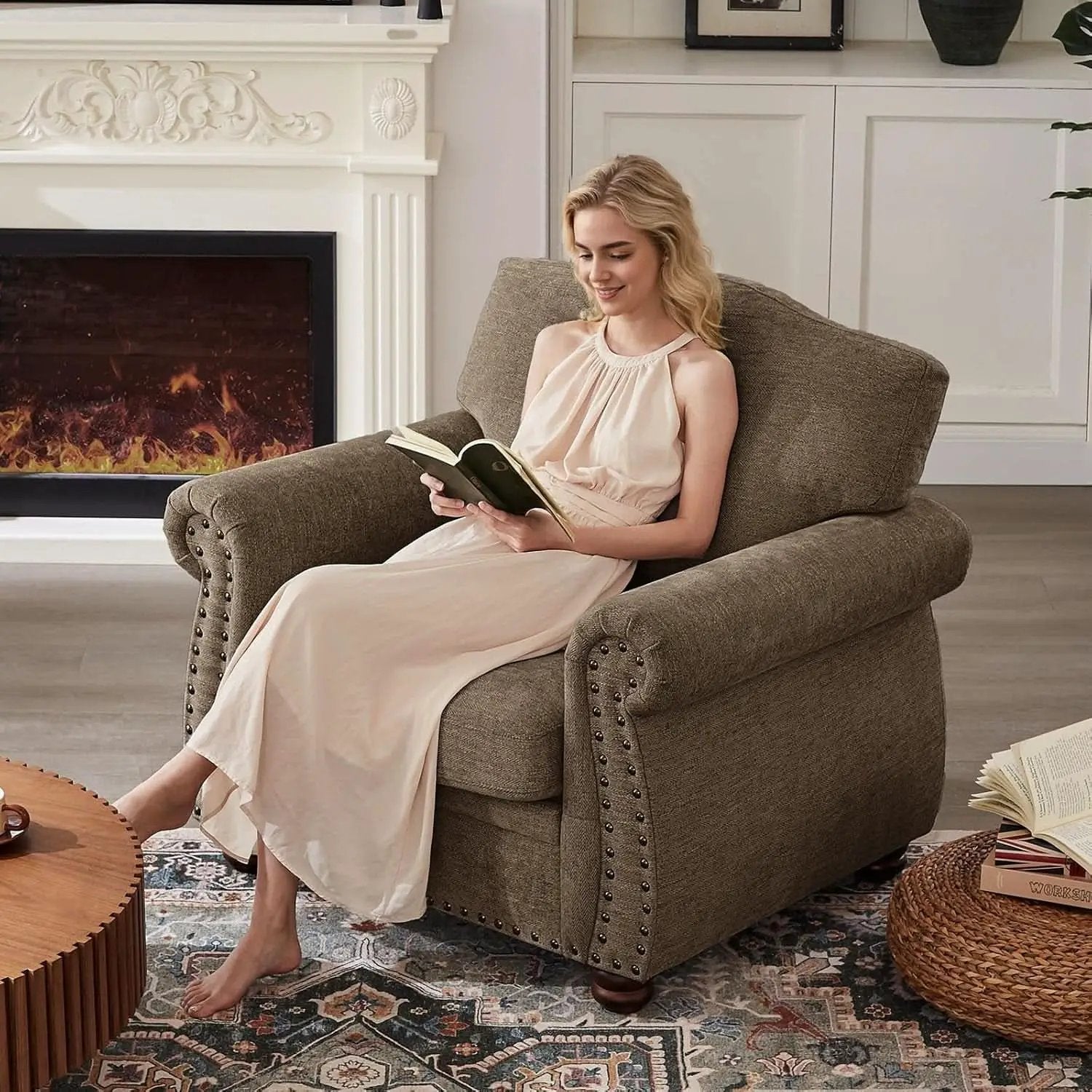 Brown Nailhead Trim Armchair For Living Room Decor from PriceLows™