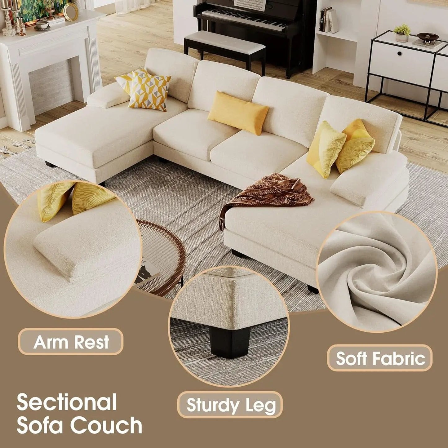 White Linen Sectional Sofa U Shaped 4 Seat Chaise Couch from PriceLows™