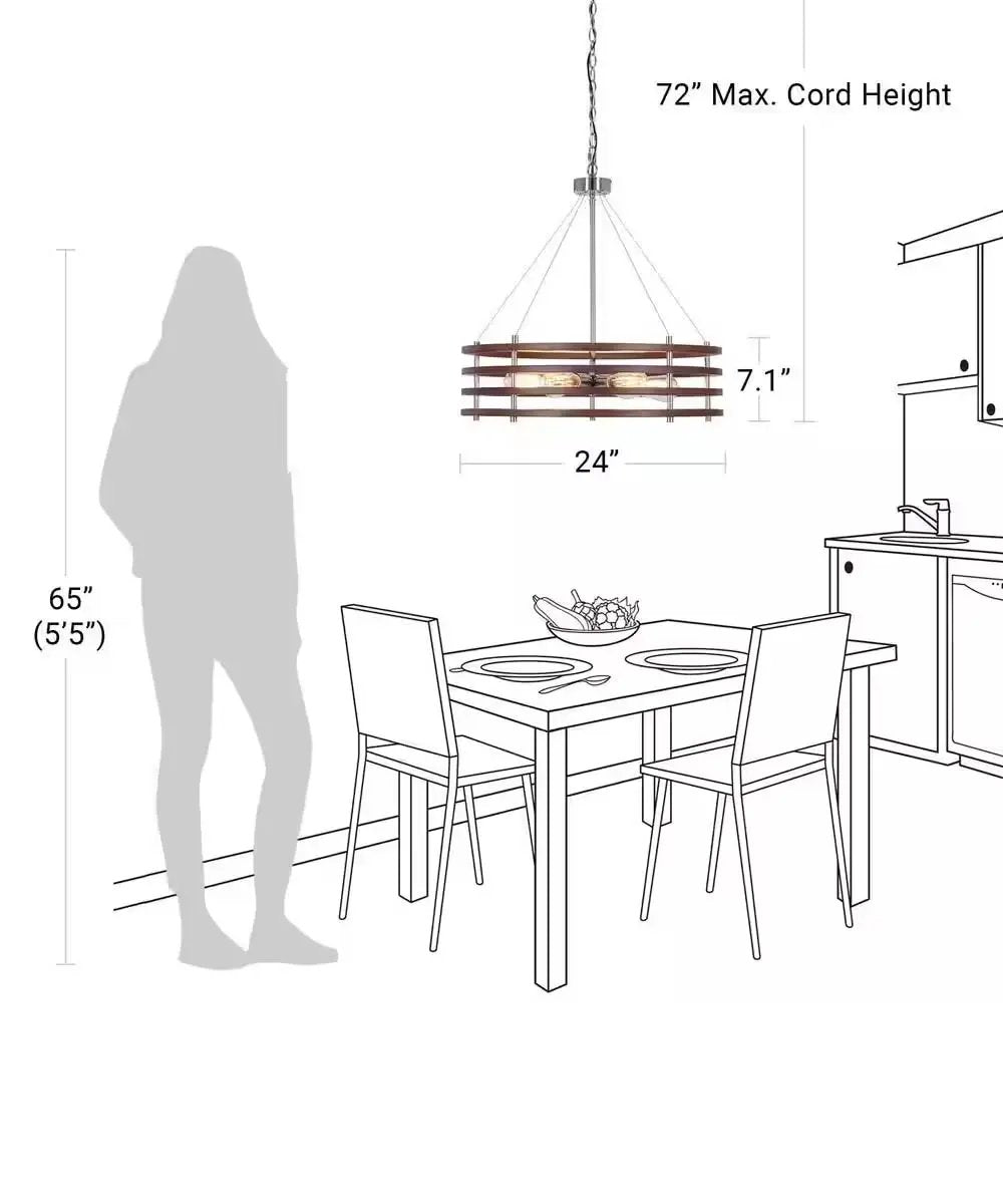 Pendant Light | Polished Nickel | 6 Light | 24 Inch Mahogany Wood