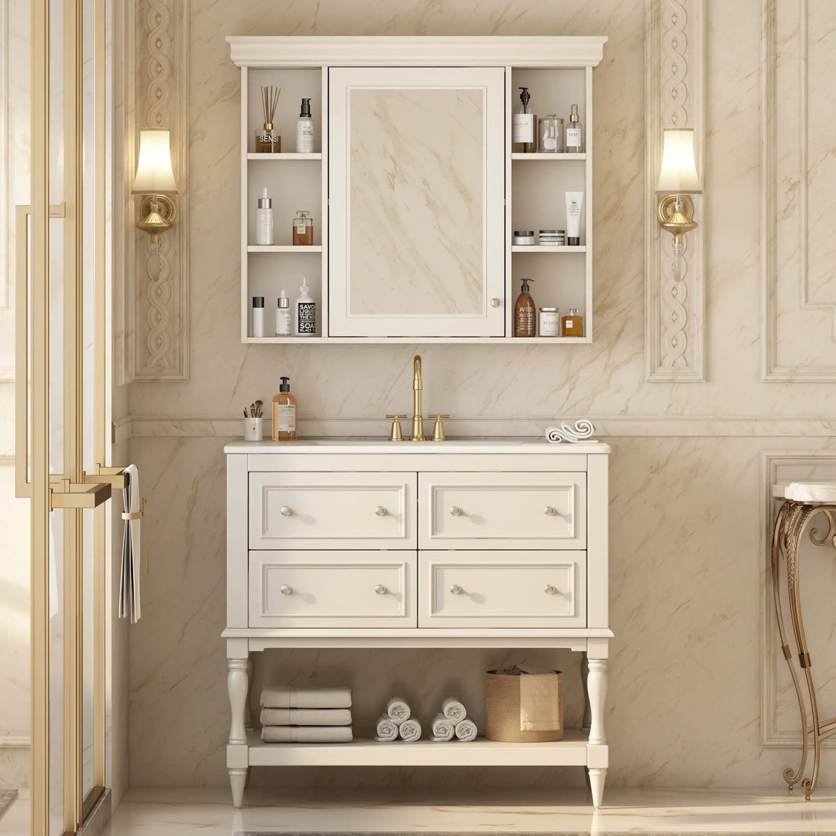 Bathroom Vanity With Medicine Cabinet | 4 Extension Drawers | Adjustable Shelf Mirror | Solid Wood Frame