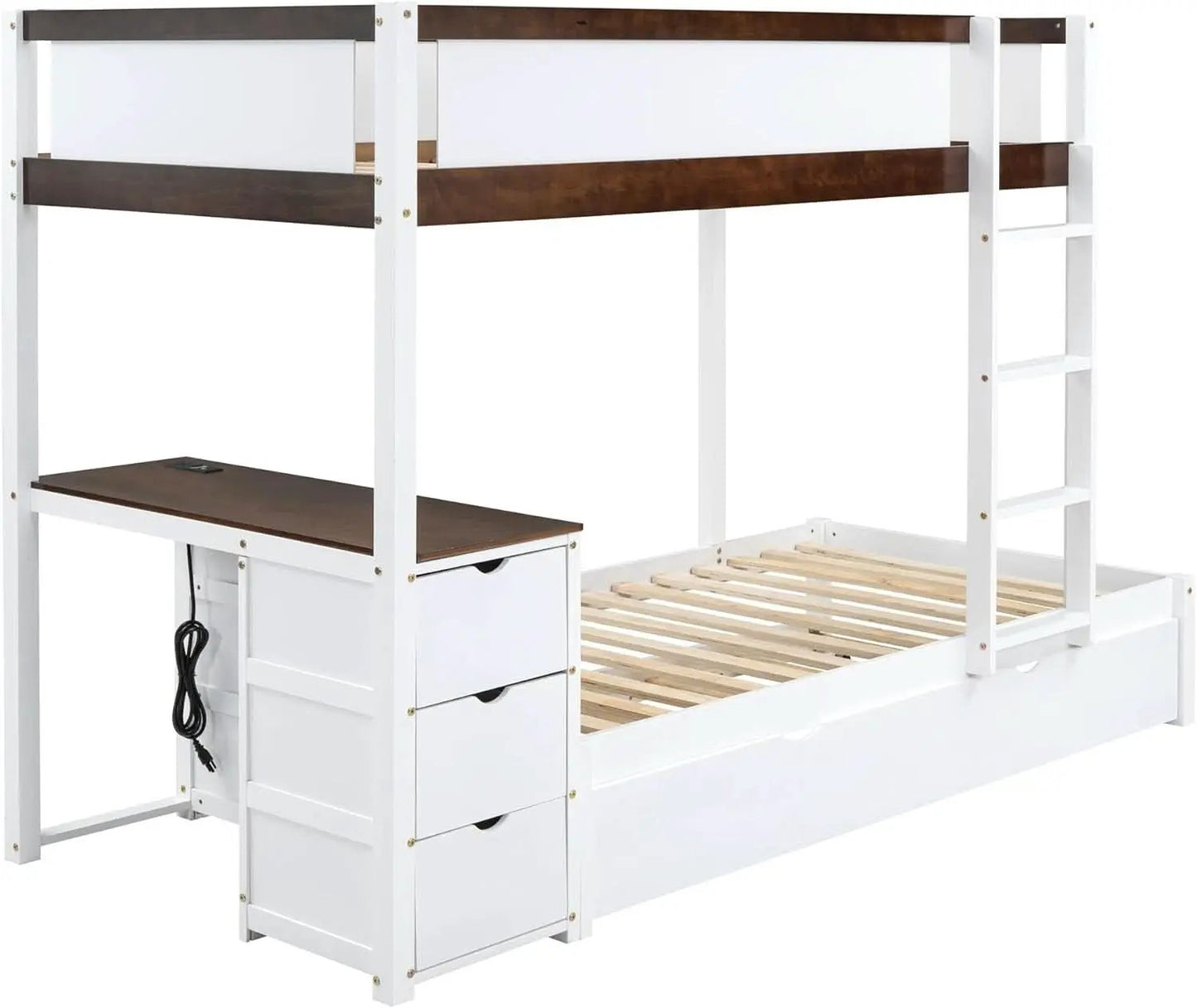 Twin Over Twin Bunk Bed With Desk USB Ports White Walnut from PriceLows™