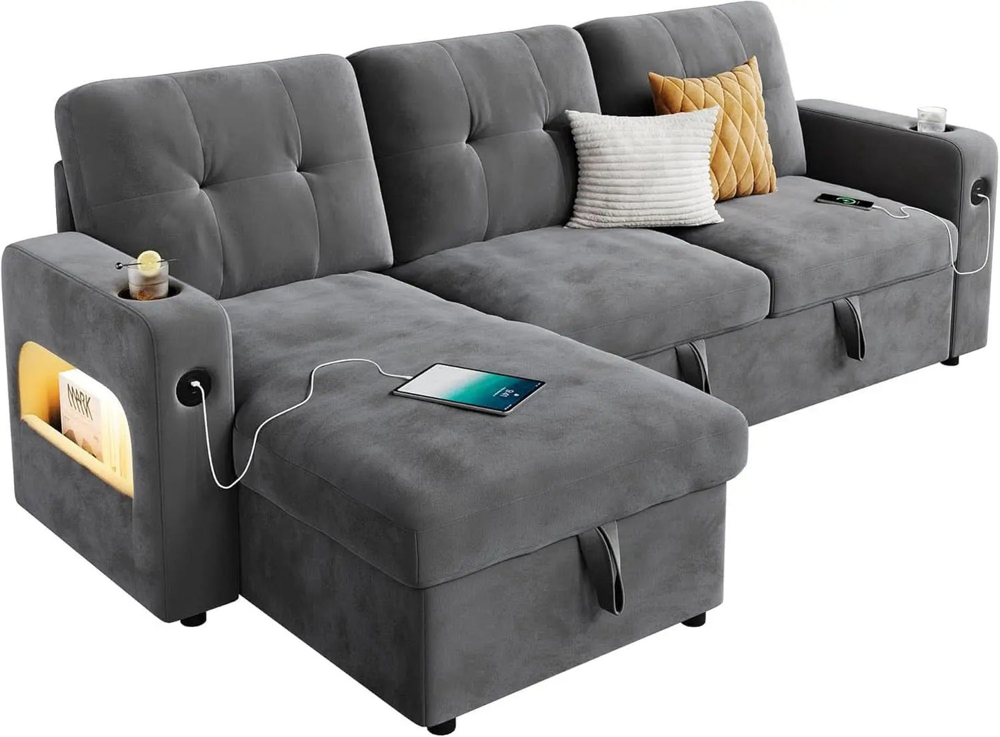 84 Inch Sleeper Sofa Bed Dark Grey Velvet With LED Storage from PriceLows™
