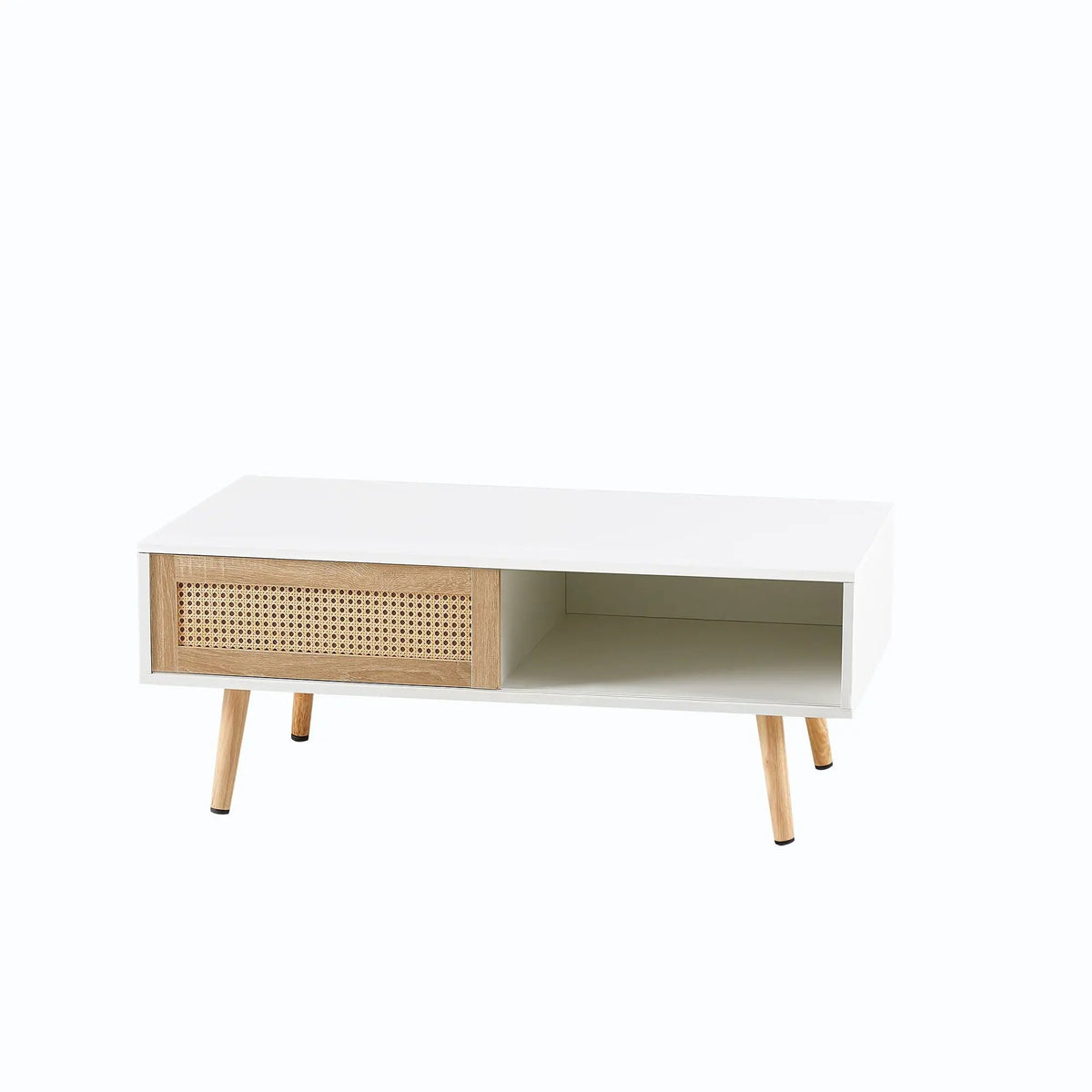 Rattan Coffee Table | 41.34 Inch Width | Sliding Storage Door | Solid Wood Legs