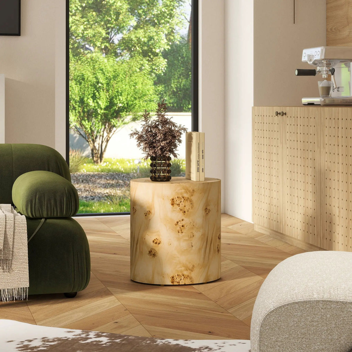Nebula Oval Pillar Side Table | Burl Wood Veneer | 20 Inch Height | Accent Table