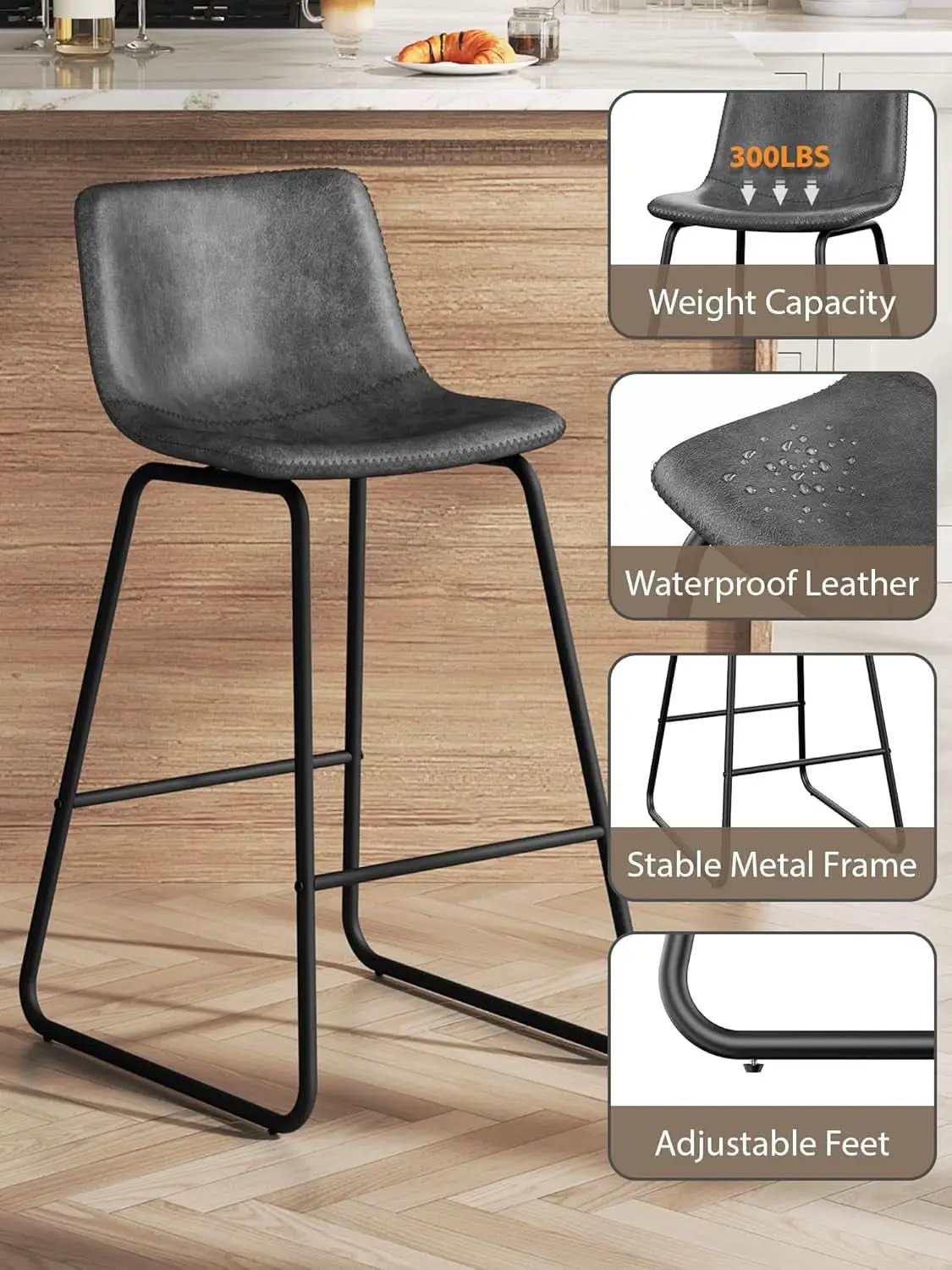 Gray Faux Leather Bar Stools Set Of 3 26 Inch Counter from PriceLows™