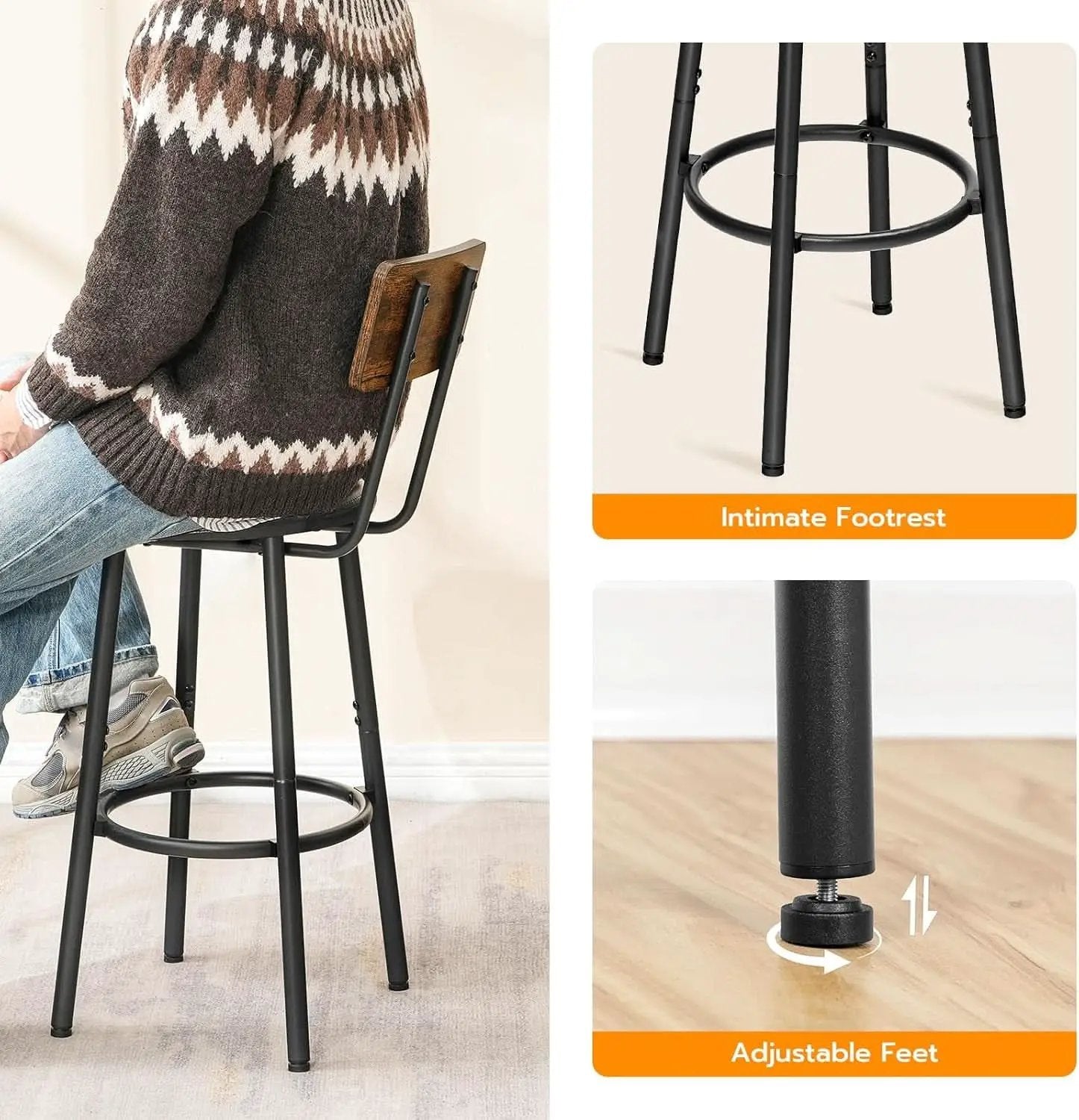 Rustic Brown PU Bar Stools Set of 2 26 Inch With Footrest from PriceLows™