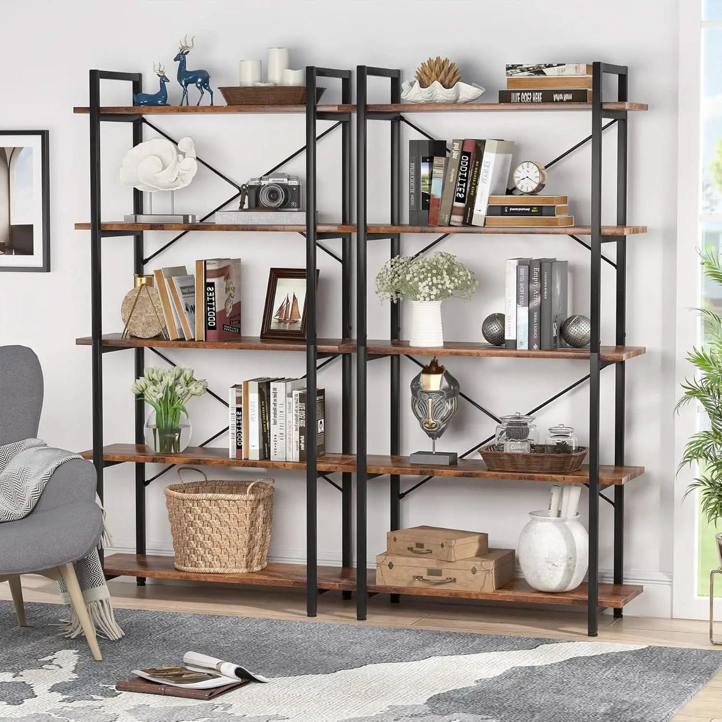 Industrial Rustic 5 Tier Etagere Bookshelf With Metal Frame from PriceLows™