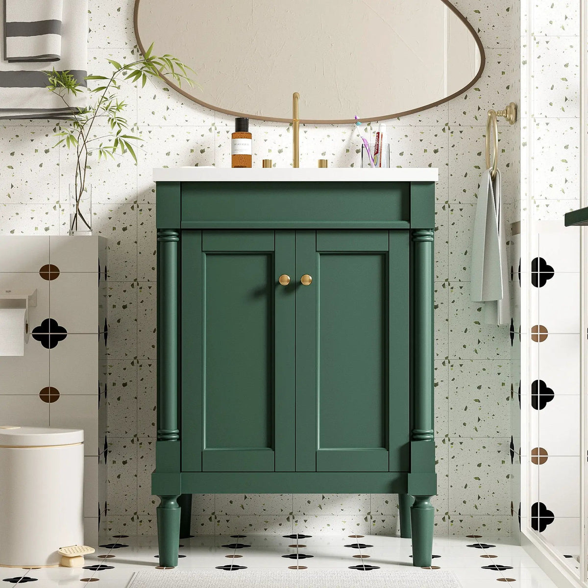 24 Inch Bathroom Vanity With Top Sink | 2 Tier Storage Cabinet | Retro Metal Handles | Soft-Closing Hinges