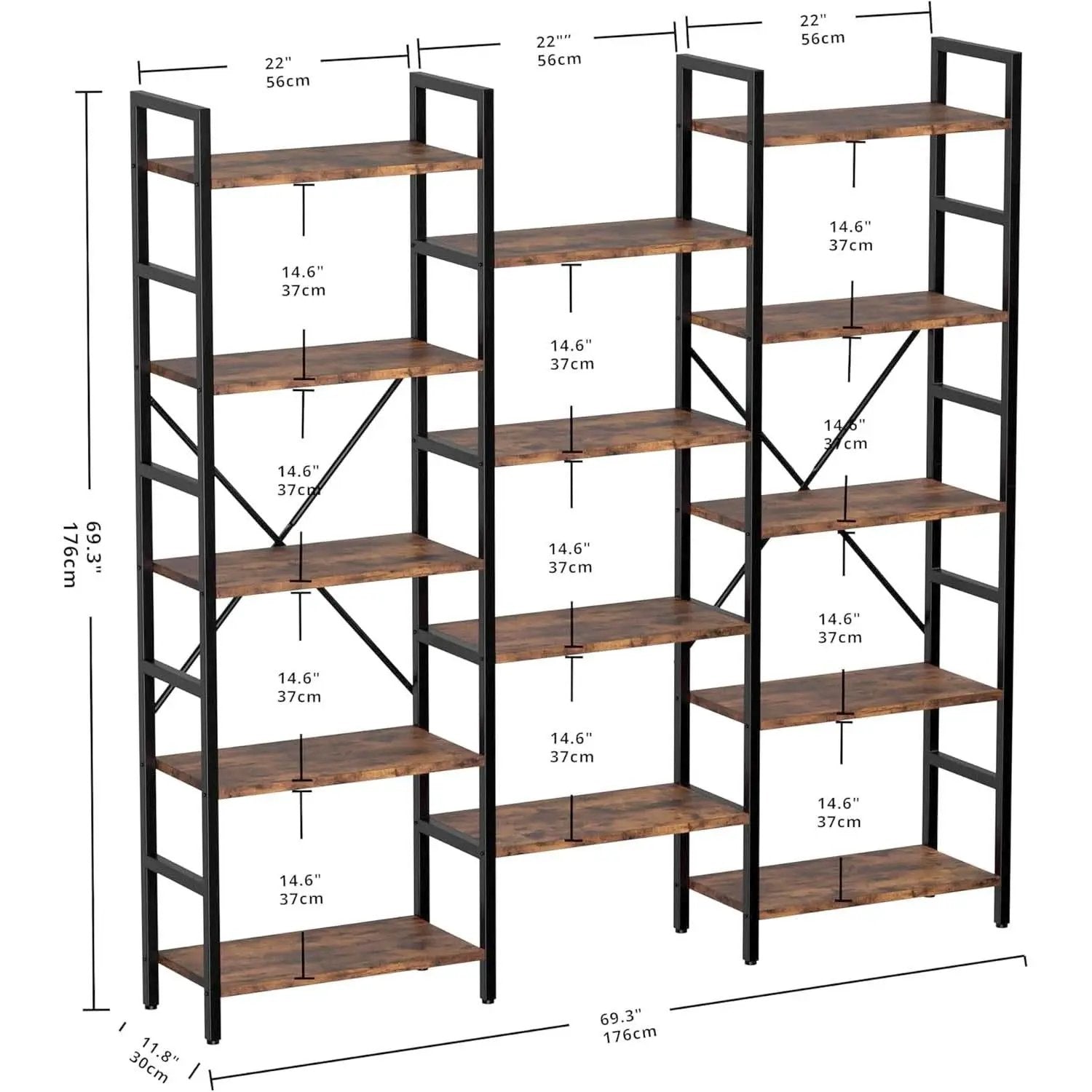 Triple Wide 5 Tier Industrial Bookshelf Matte Black from PriceLows™