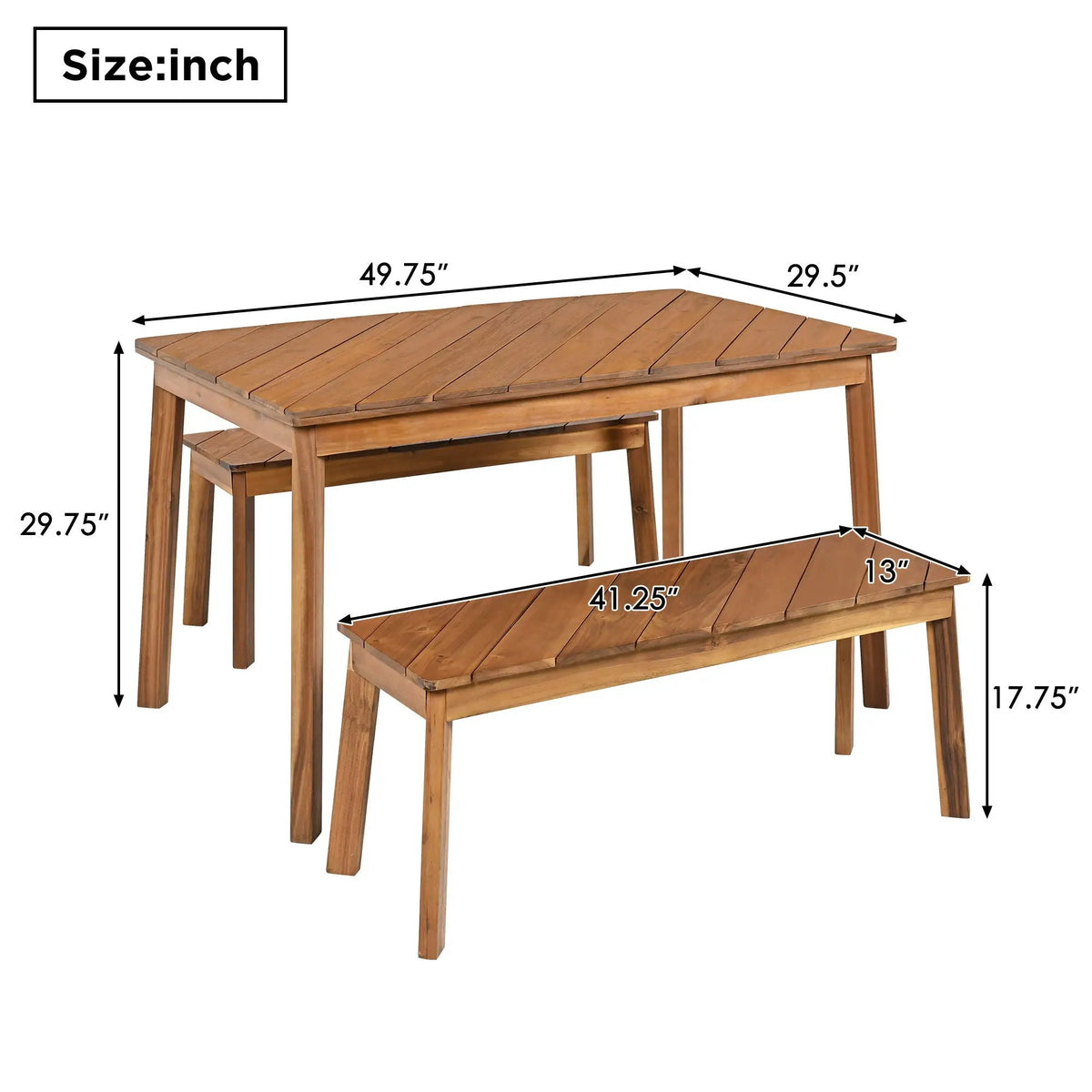 Acacia Wood Dining Set | 3 Piece Table | 2 Benches | Natural Finish