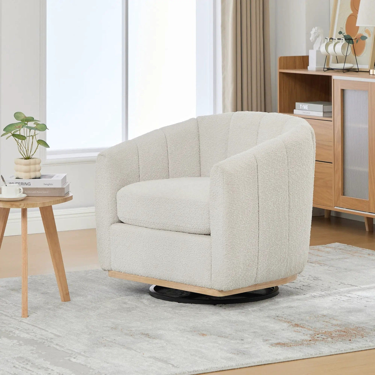 360 Degrees Swivel Upholstered Barrel Armchair For Living Room - | Swivel Chair | Chenille & Fabric | Ivory