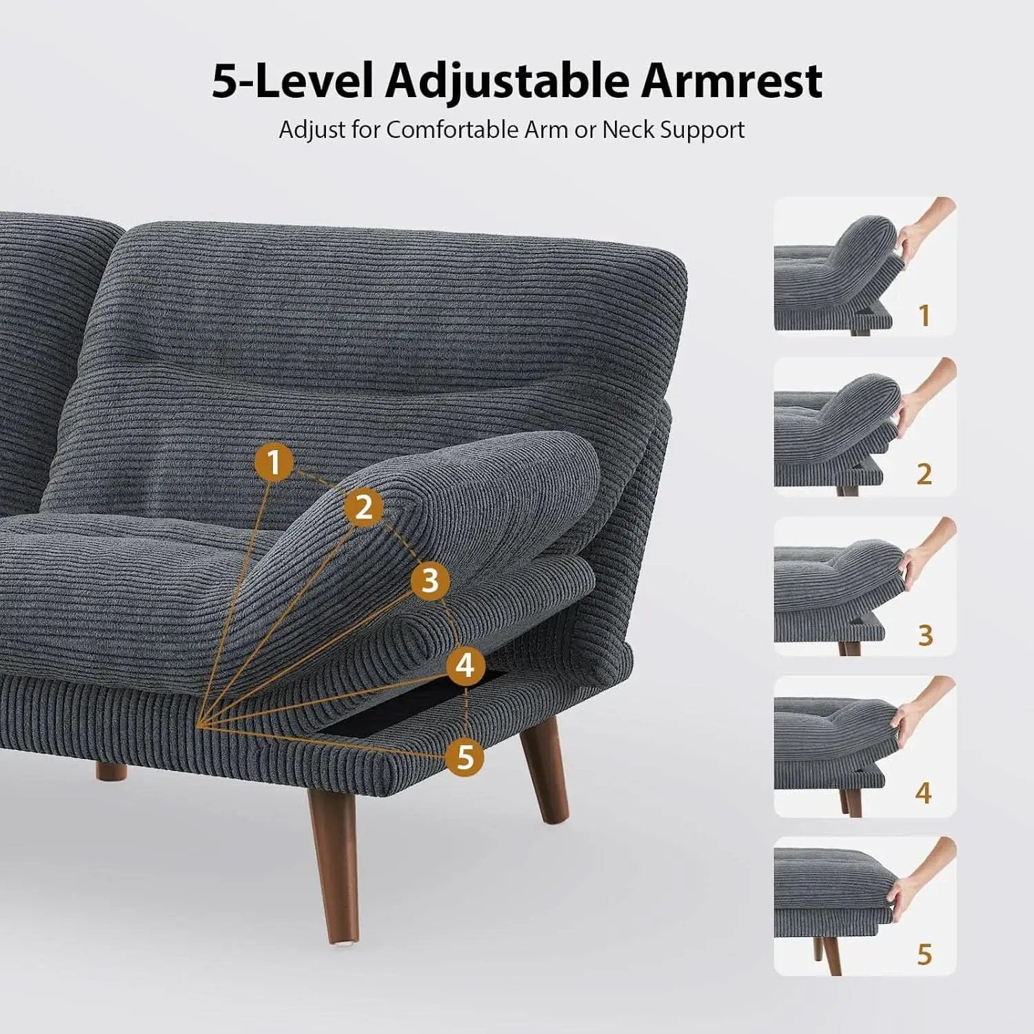 Corduroy Grey 73In Adjustable Backrest Futon SofaBed from PriceLows™