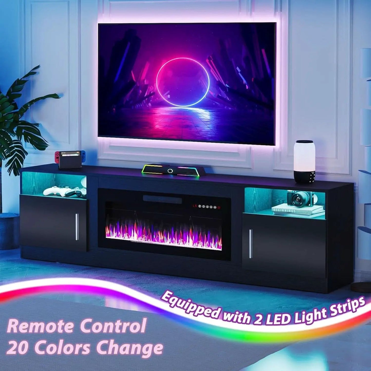 80 Inch TV Stand Electric Fireplace With LED Lighting Black from PriceLows™