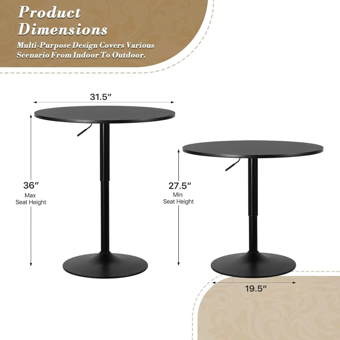 Height Adjustable Round Black Pub Tabletop Outdoor from PriceLows™
