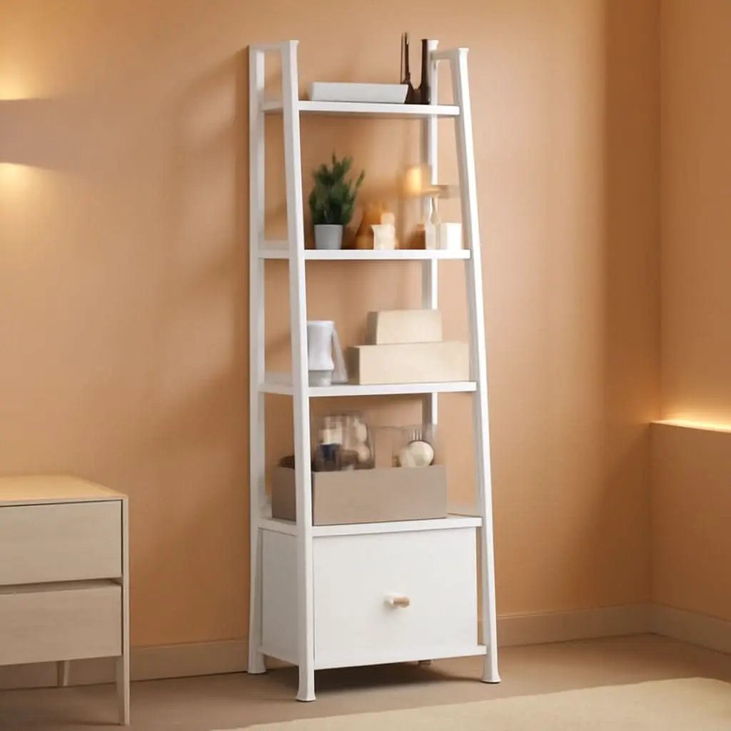 5 Tier White Ladder Shelf With Removable Fabric Drawer from PriceLows™