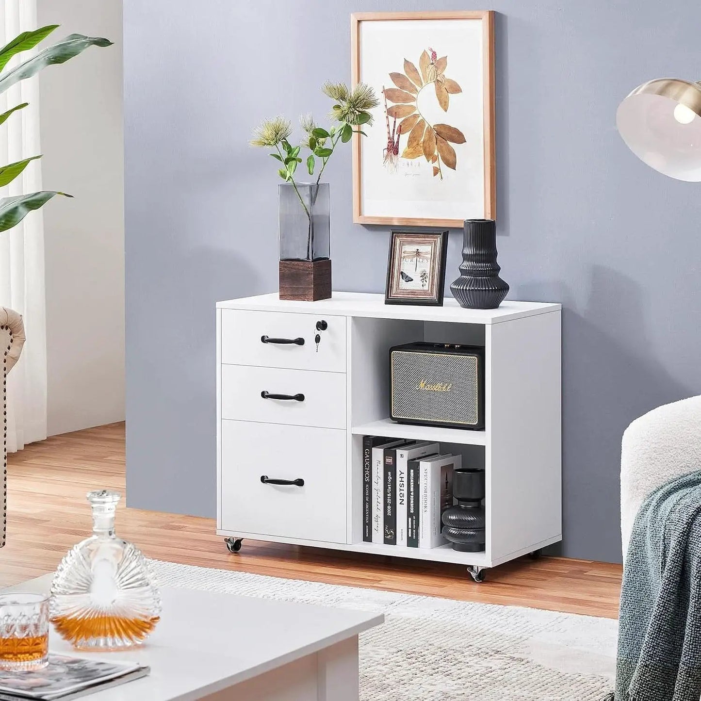 3 Drawer File Cabinet White Mobile Lateral Filing Cabinet With Lockable Top Drawer And Open Shelves For Home Office from PriceLows™