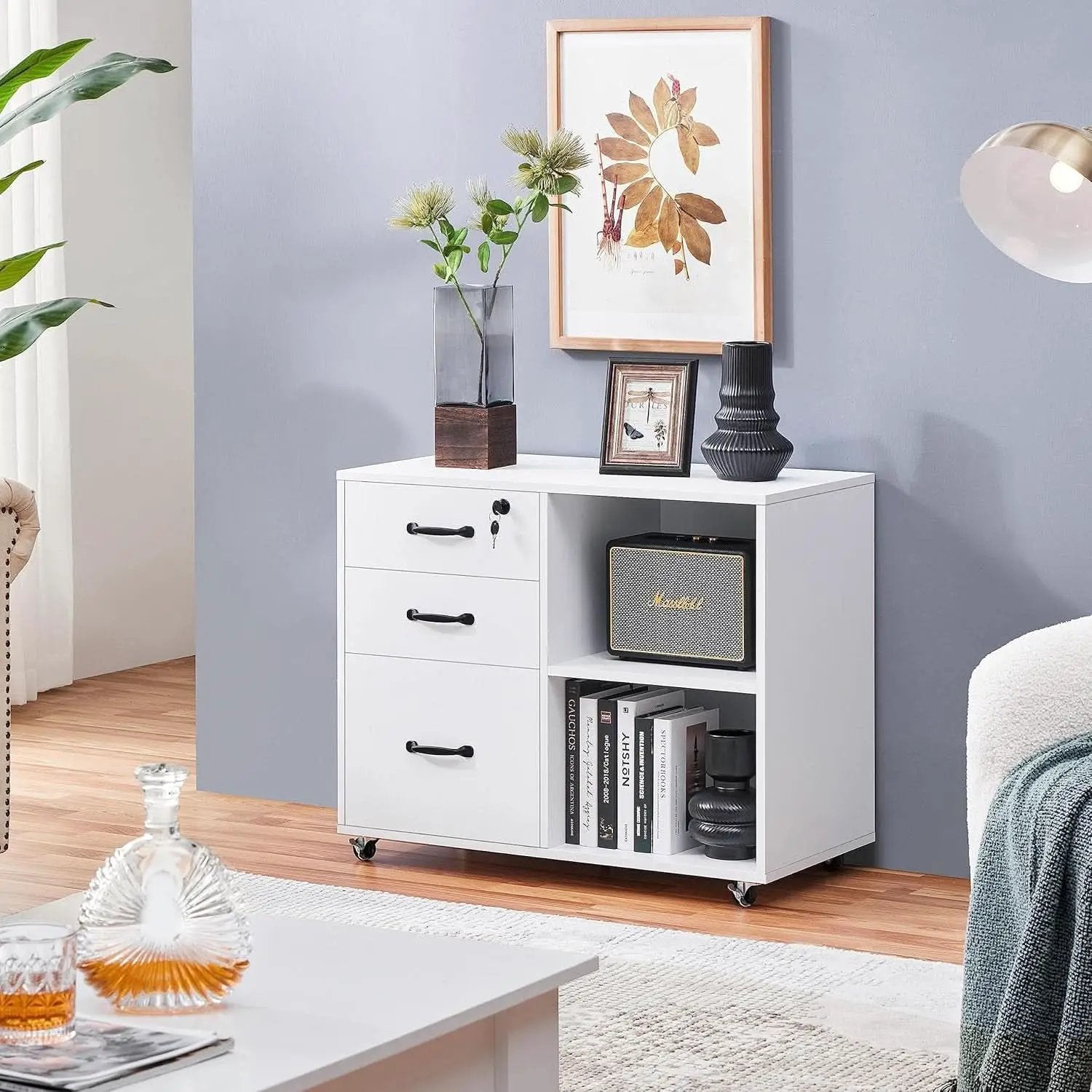 3 Drawer File Cabinet White Mobile Lateral Filing Cabinet With Lockable Top Drawer And Open Shelves For Home Office from PriceLows™