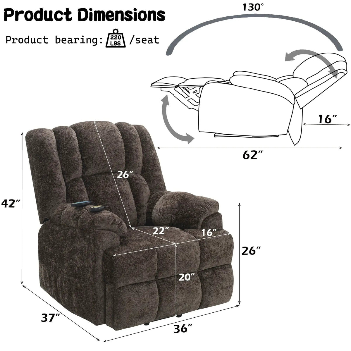 Power Motion Recliner With Lift Heating Massage Function - Massage Chair | 37 x 36 x 42 in | Chenille & Fabric | Brown