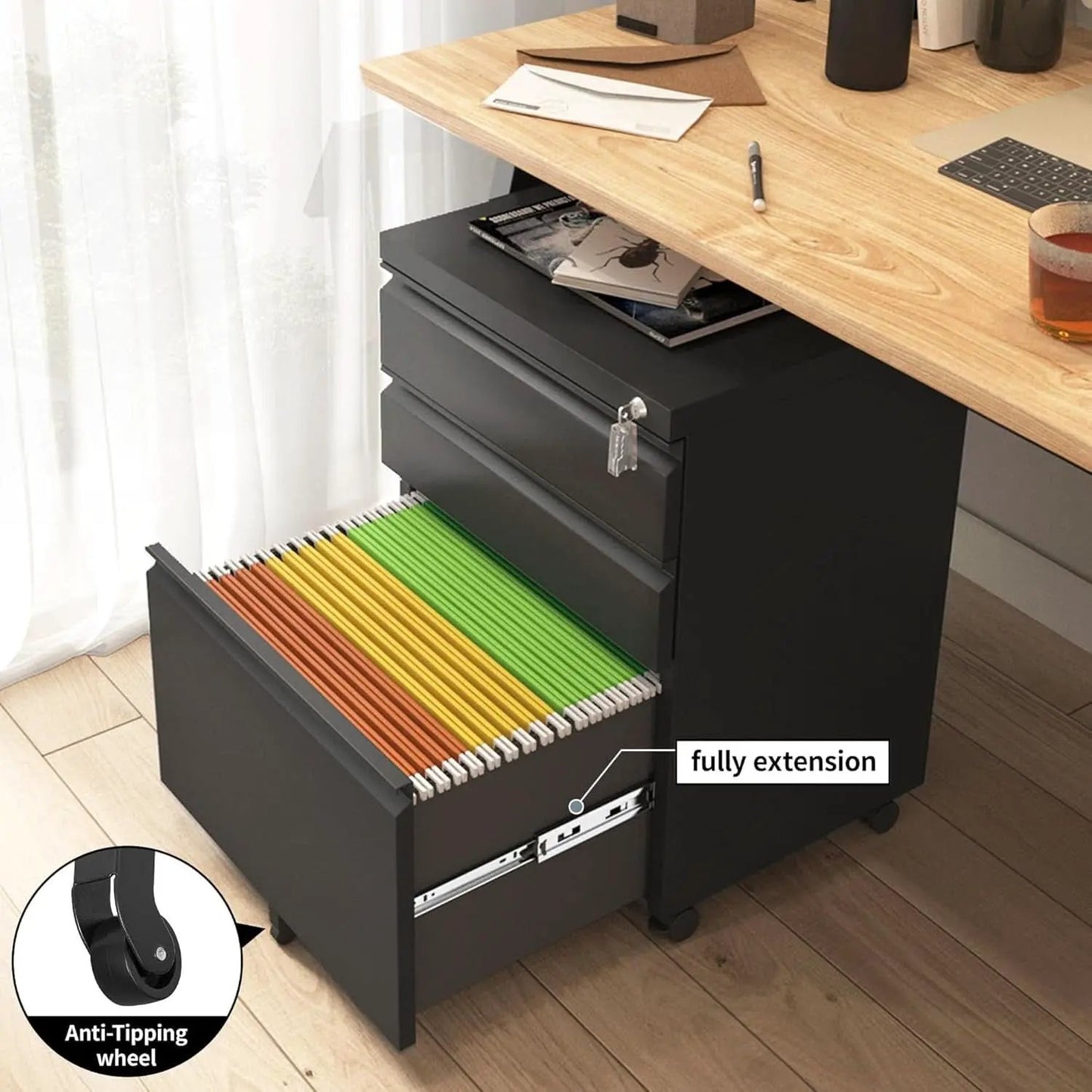 3 Drawer File Cabinet Under Desk Mobile Filing Cabinet With Lock For A4 Letter Legal Files Black from PriceLows™