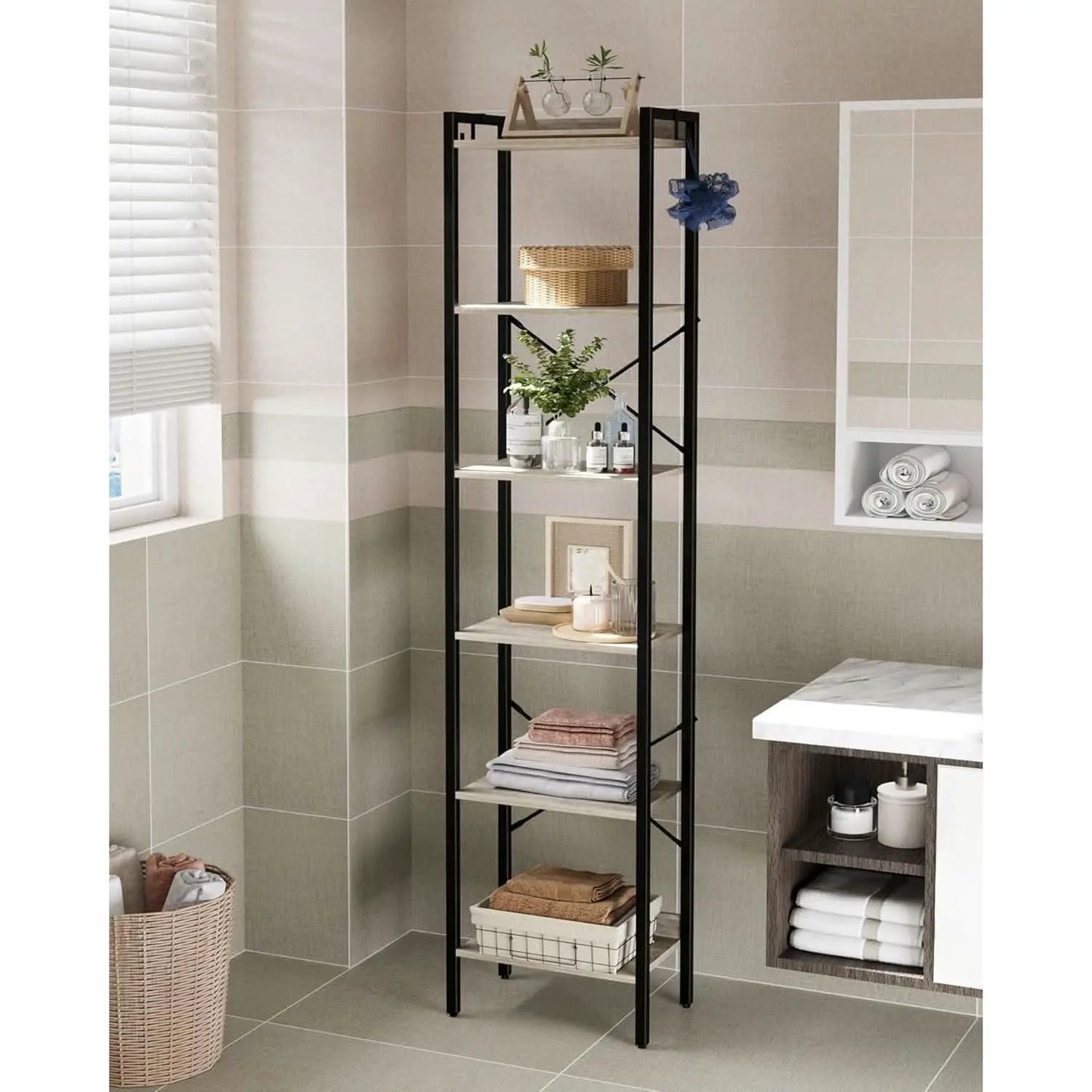 Greige Six Tier Narrow Bookshelf With Two Hooks Industrial from PriceLows™