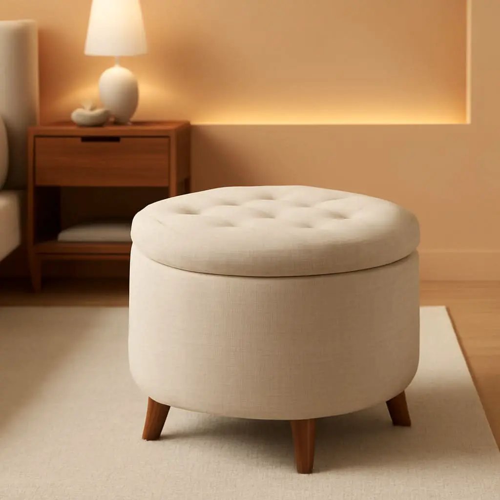 Beige Linen Round Storage Ottoman Featuring Tufting from PriceLows™