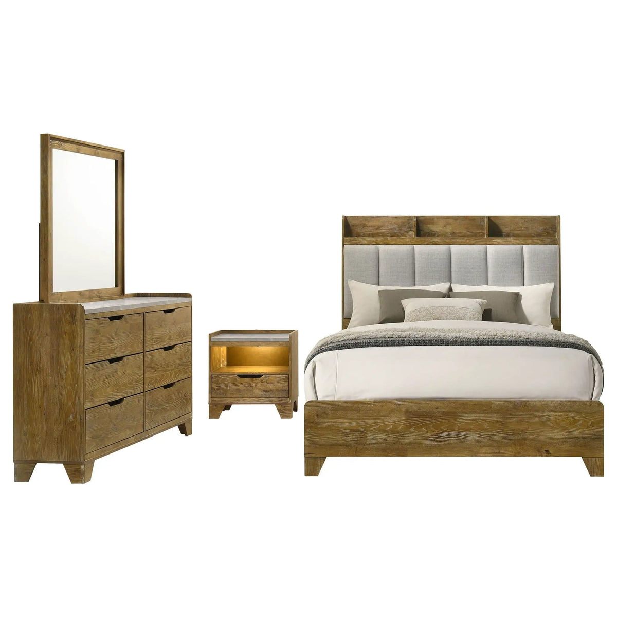 Henderson 4-piece Eastern King Bedroom Set Medium | 4-Piece Set | Rubberwood & Faux Marble | Oak