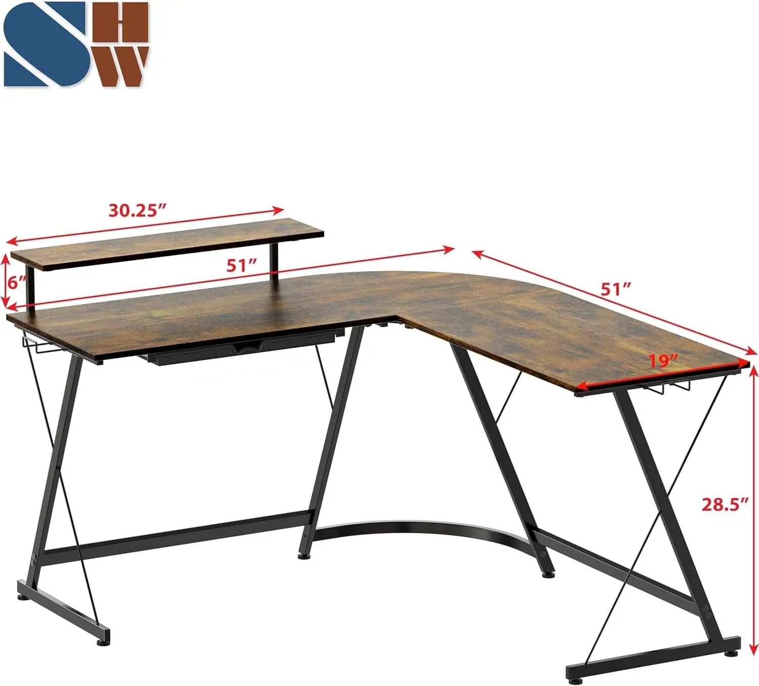 Vista Rustic Brown L Shaped Desk With Monitor Stand from PriceLows™