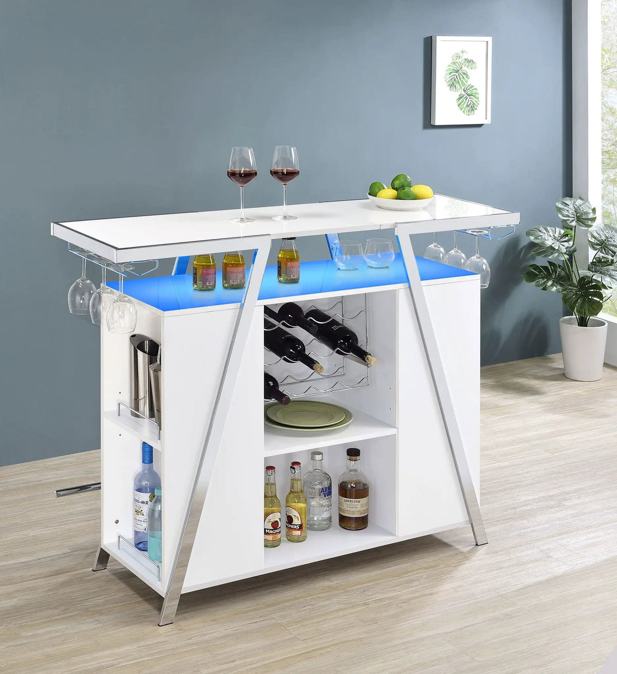 Araceli Freestanding LED Home Bar Cabinet White High Gloss | 52.25 x 21.25 x 41.5 in | Home Furniture | Home