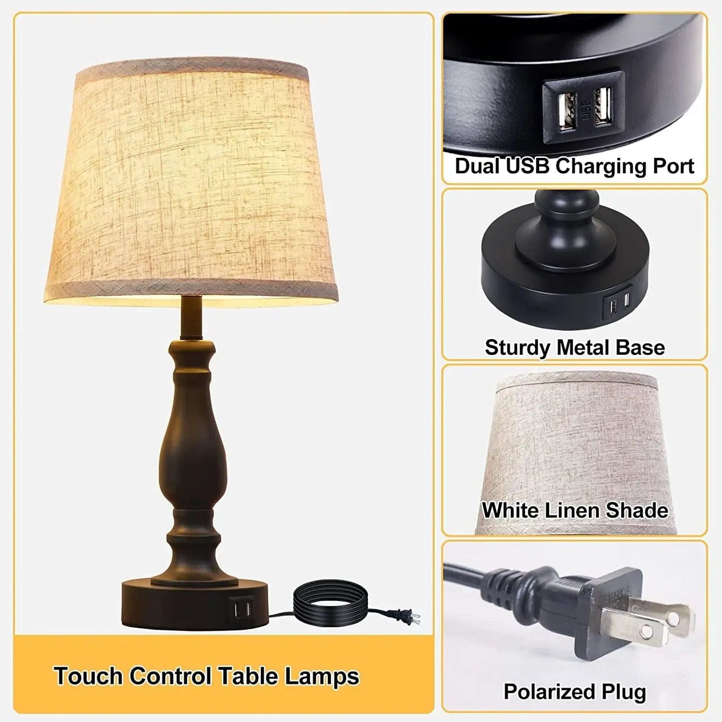 Table Lamps Set of 2 With USB Charging Ports Bedside Modern from PriceLows™
