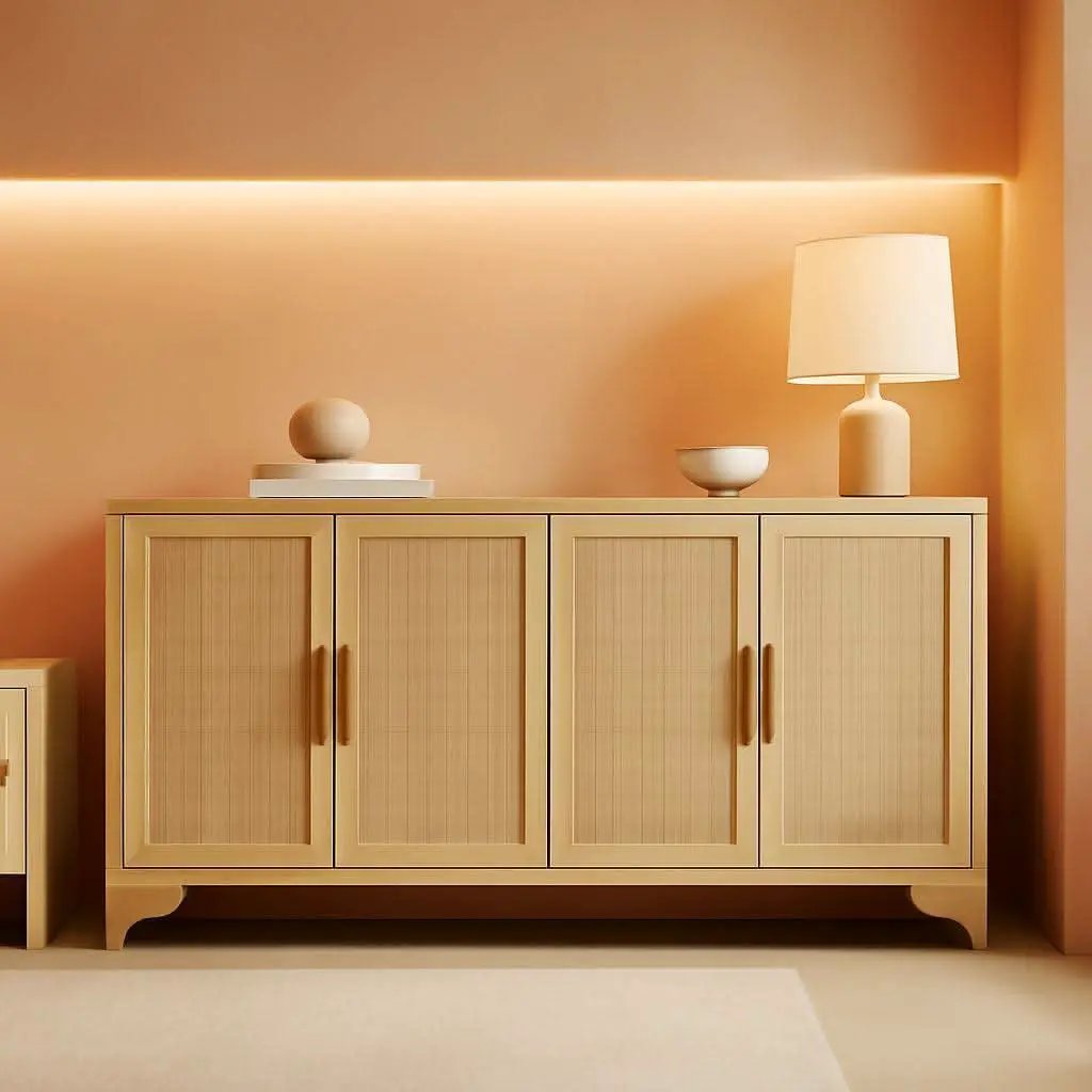 Natural Rattan Four Door Sideboard Cabinet Engineered Wood from PriceLows™