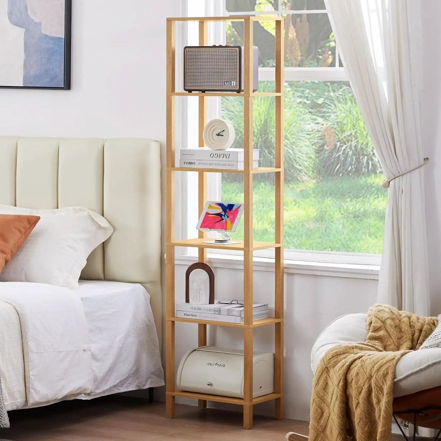 66In Tall 6 Tier Narrow Wood Bookcase Slim Shelf Living Room from PriceLows™