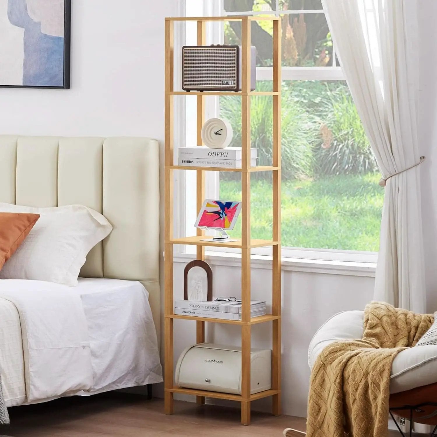 66In Tall 6 Tier Narrow Wood Bookcase Slim Shelf Living Room from PriceLows™