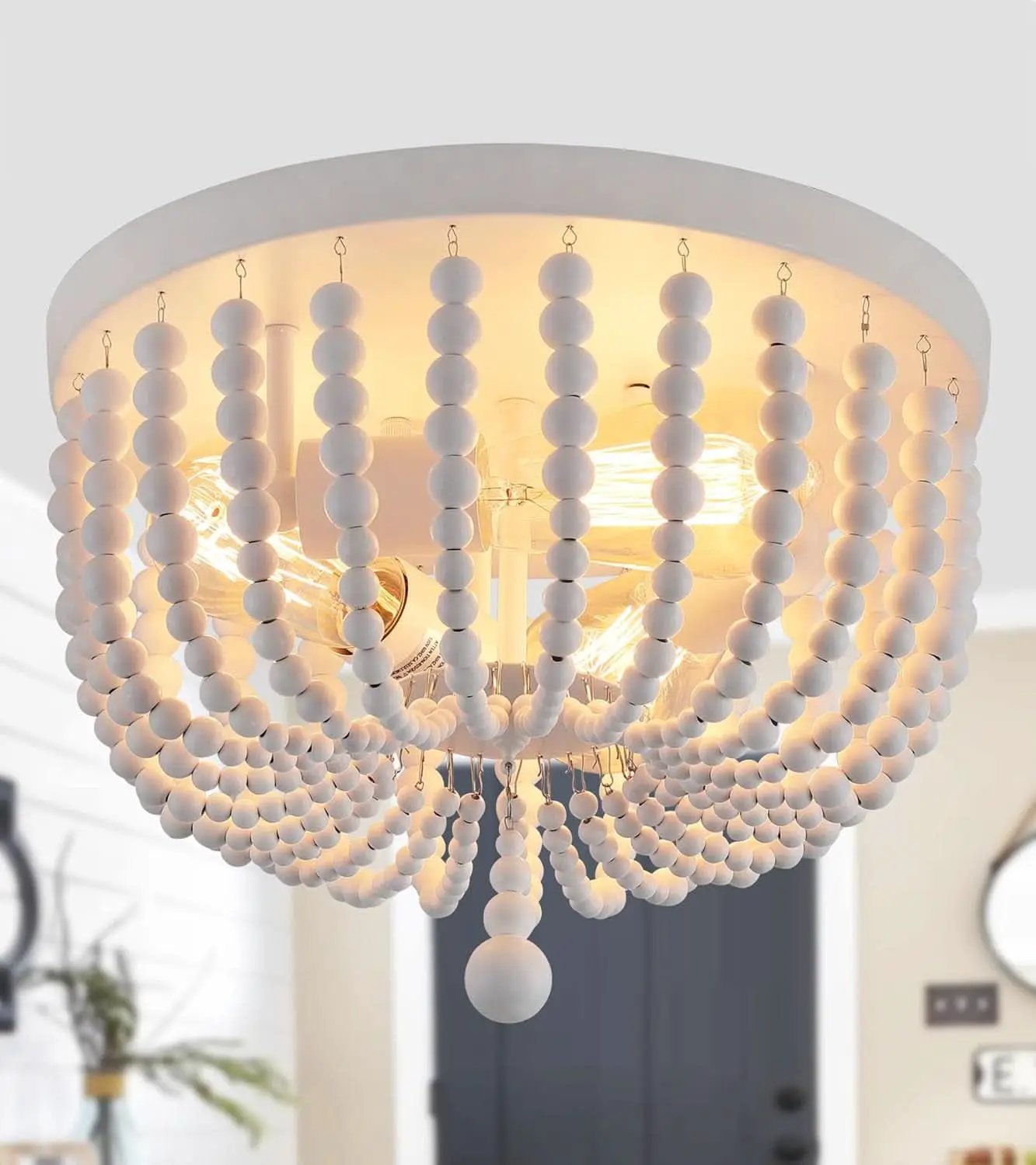 White Boho Beaded Flush Mount Ceiling Light 3 Lights from PriceLows™