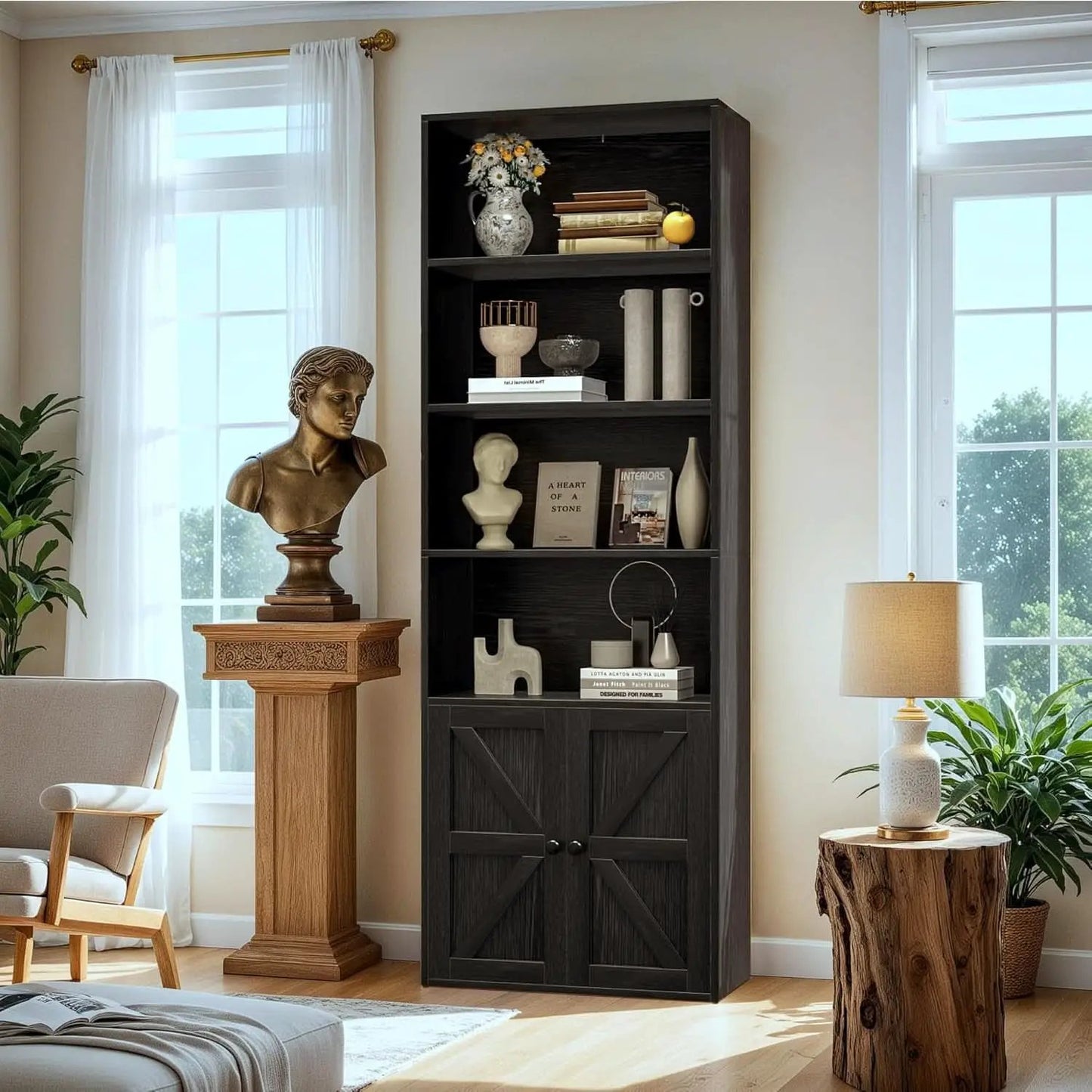 Industrial Bookshelf Cabinet With Doors Tall Black from PriceLows™