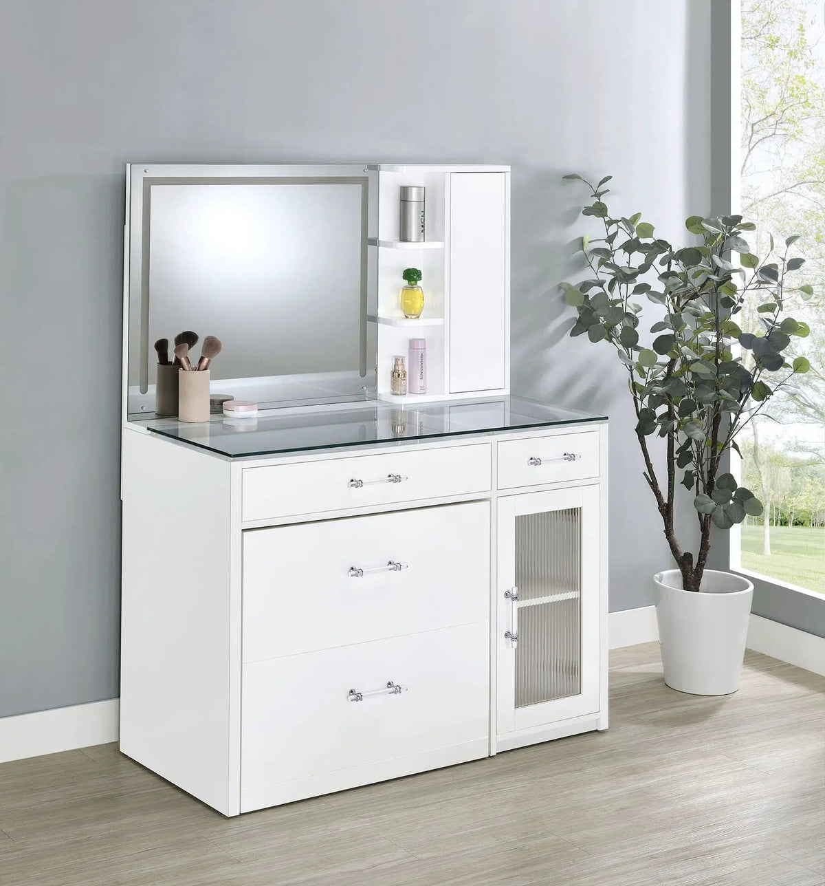 Flora 2-drawer Vanity Set with LED Mirror White High Gloss | 39.5 x 19.75 x 53.75 in | Tempered Glass & Acrylic | Bathroom