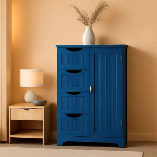 Navy Blue Wooden Bathroom Floor Cabinet With 4 Drawers And Cupboard from PriceLows™