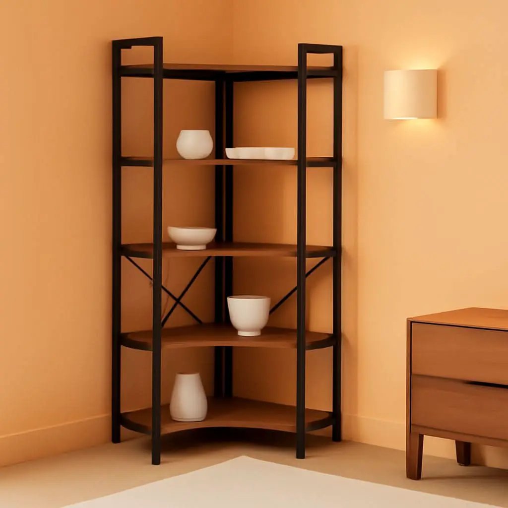 L Shaped Corner Bookshelf 49 Inch Rustic Brown Wood Metal Frame from PriceLows™