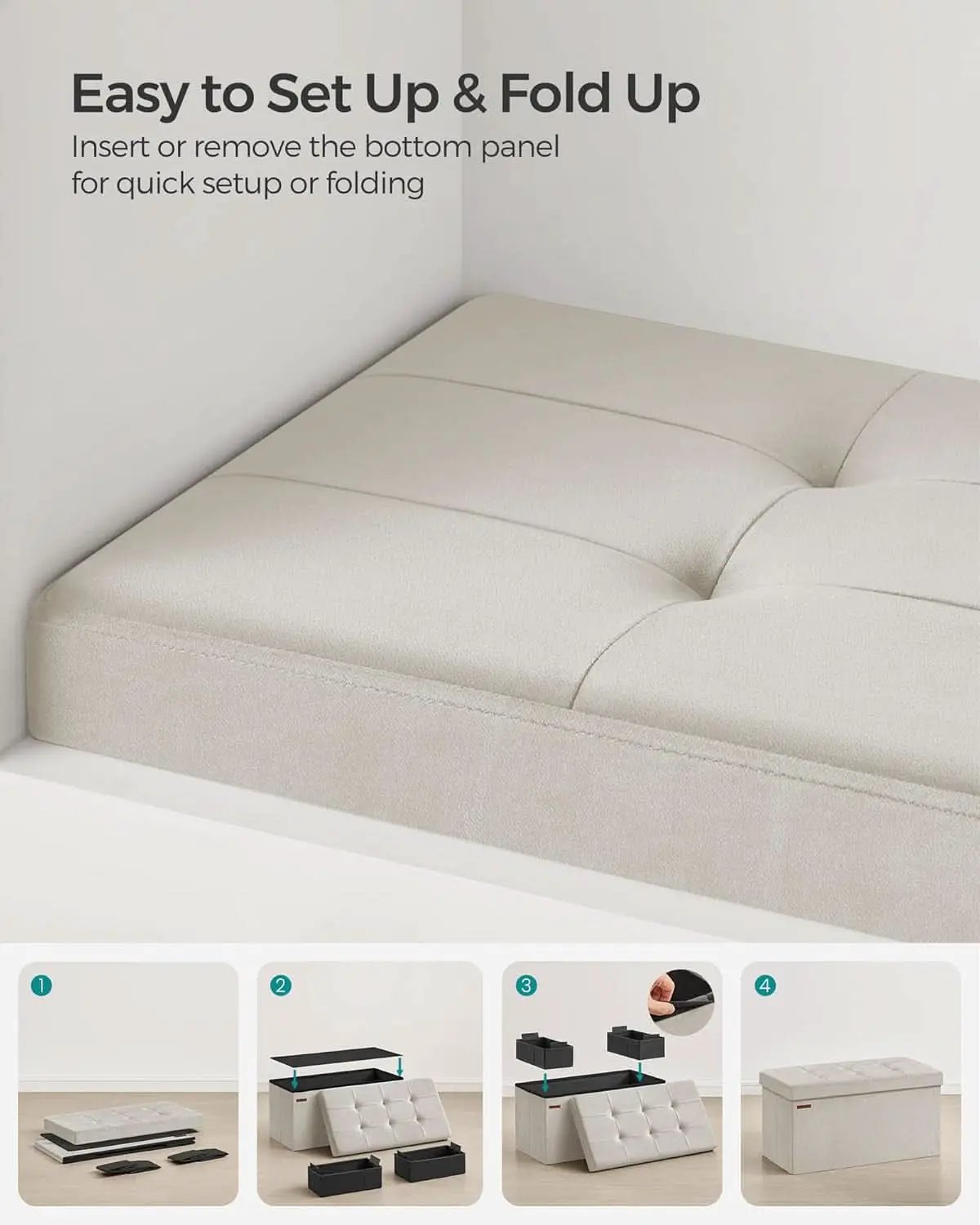 Cream White Foldable Storage Ottoman Bench 15x30x15 from PriceLows™