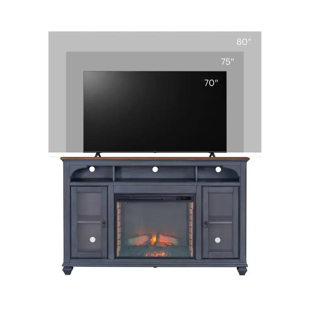 Fireplace TV Stand | Fits TVs Up To 80 Inch | Blue | Two Framed Glass Doors