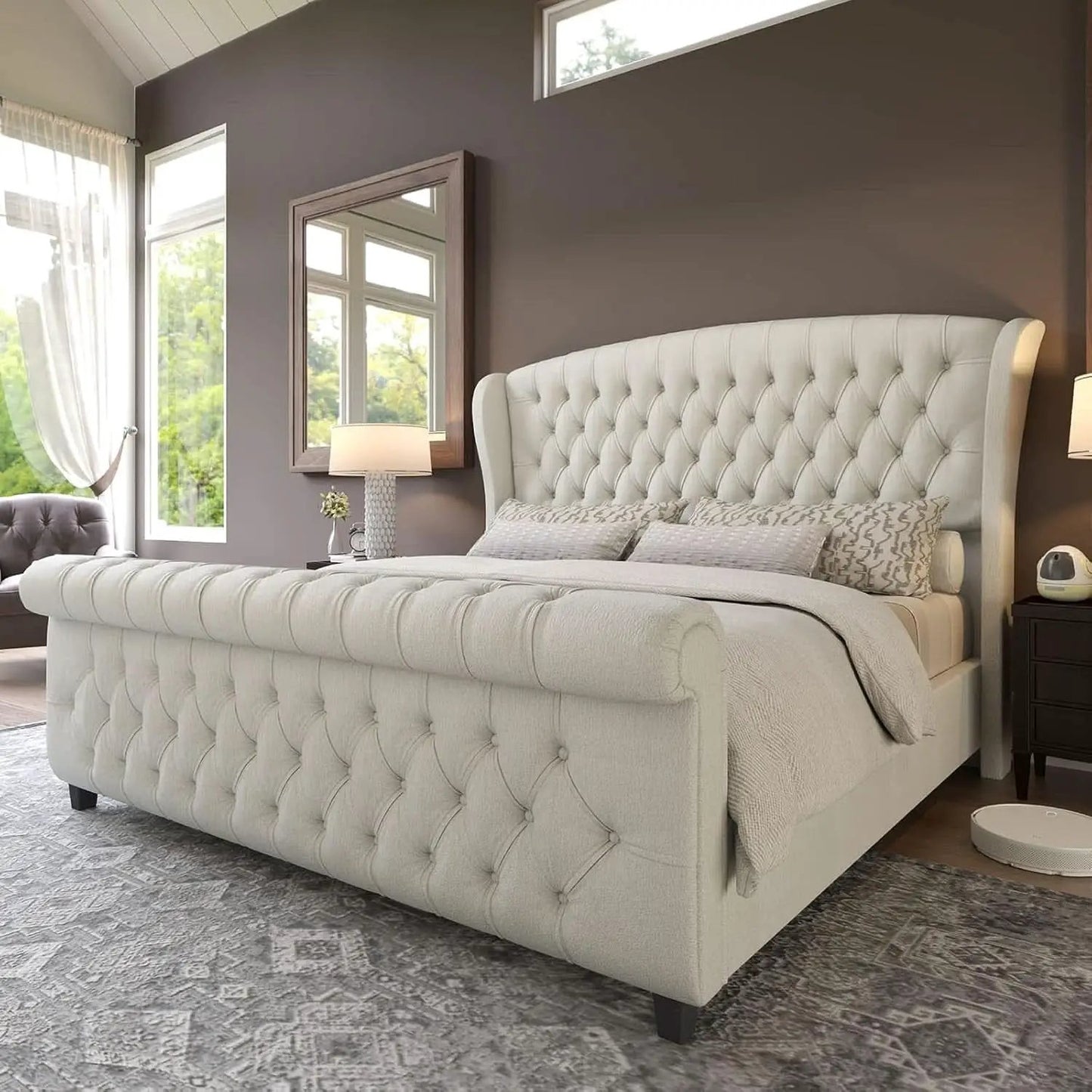 Queen Size Chenille Upholstered Sleigh Platform Bed with Button Tufted Headboard from PriceLows™