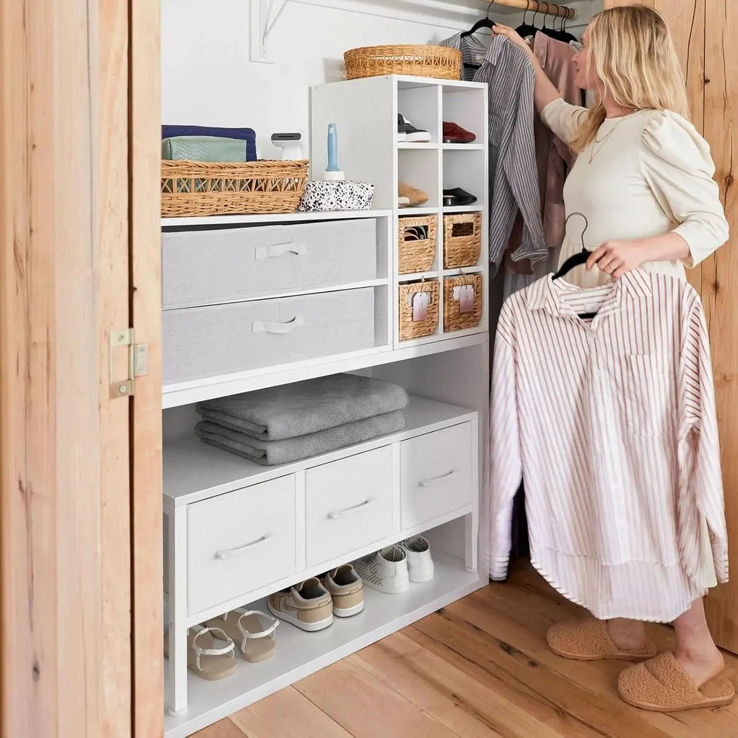 White Closet Storage Organizer With Fabric Drawers from PriceLows™