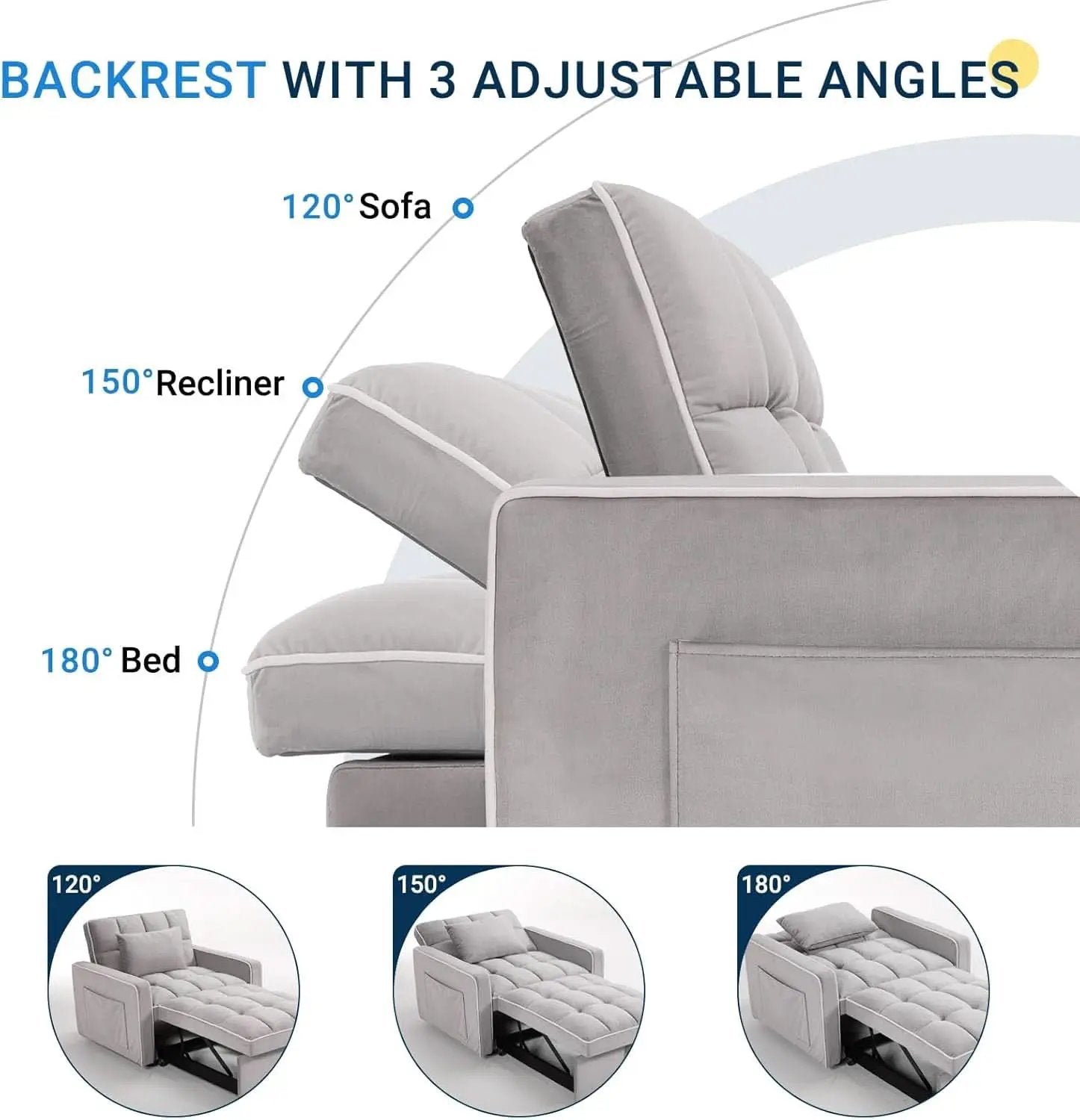 Grey Sleeper Sofa Bed Chair Three Level Adjustable Backrest from PriceLows™