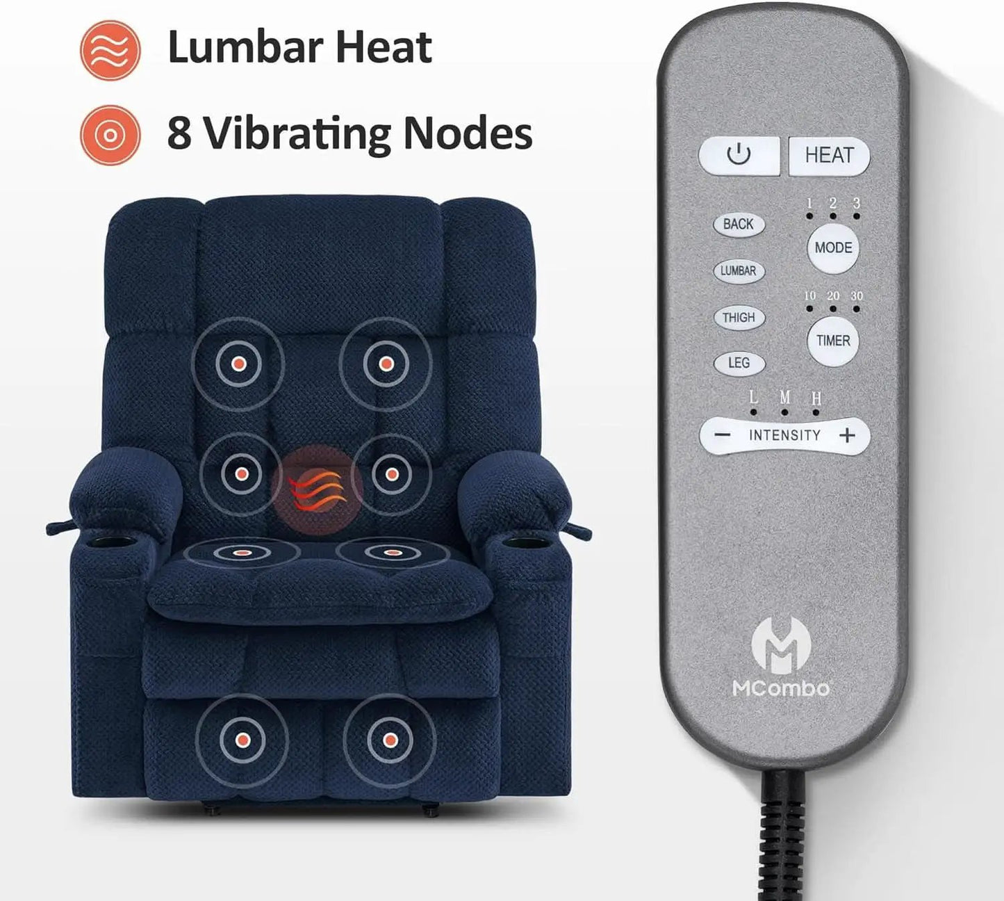 Large Wide Navy Blue Dual Motor Lift Recliner Massage And Heat from PriceLows™