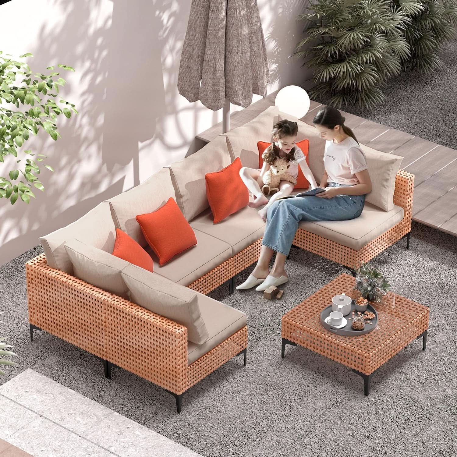 5 Piece Outdoor Patio Set Salmon Orange Wicker Sectional from PriceLows™
