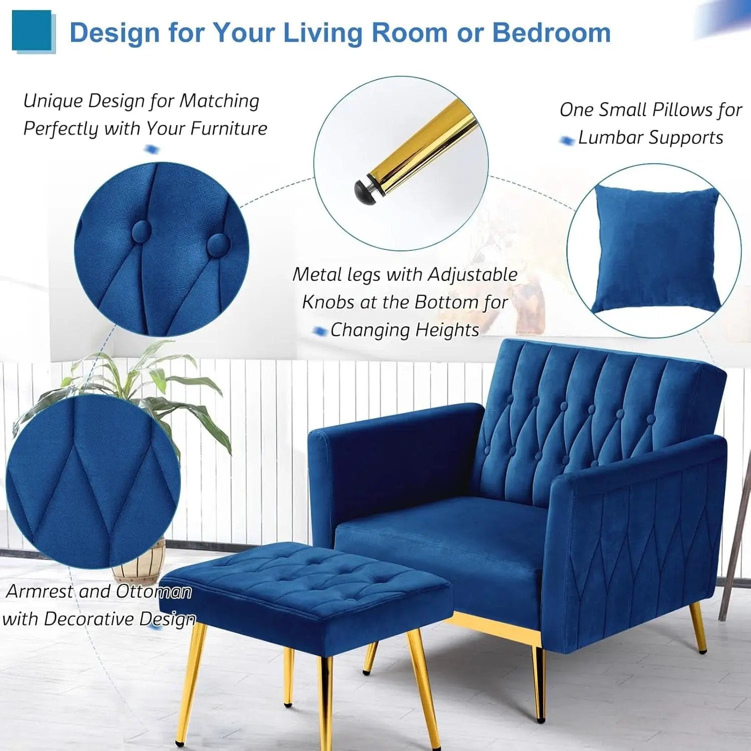 Velvet Futon Sofa Set Two Piece With Convertible Sofa Bed And Tufted Accent Chair In Blue from PriceLows™