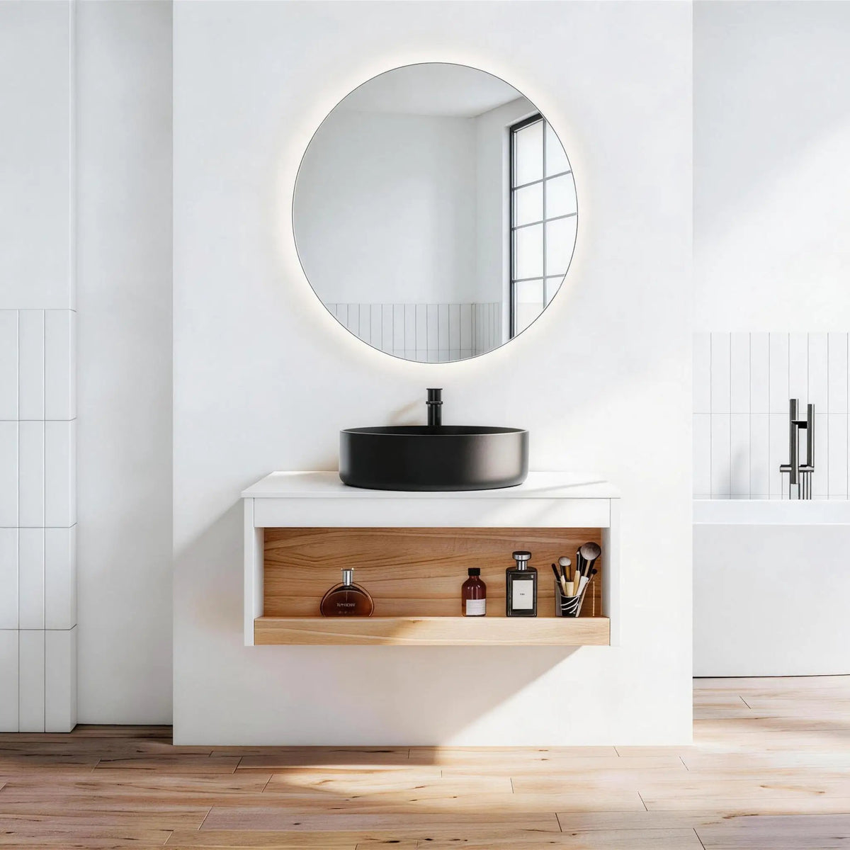 Floating Bathroom Vanity | Round Glossy Sink | Wall Mounted | Compact Design
