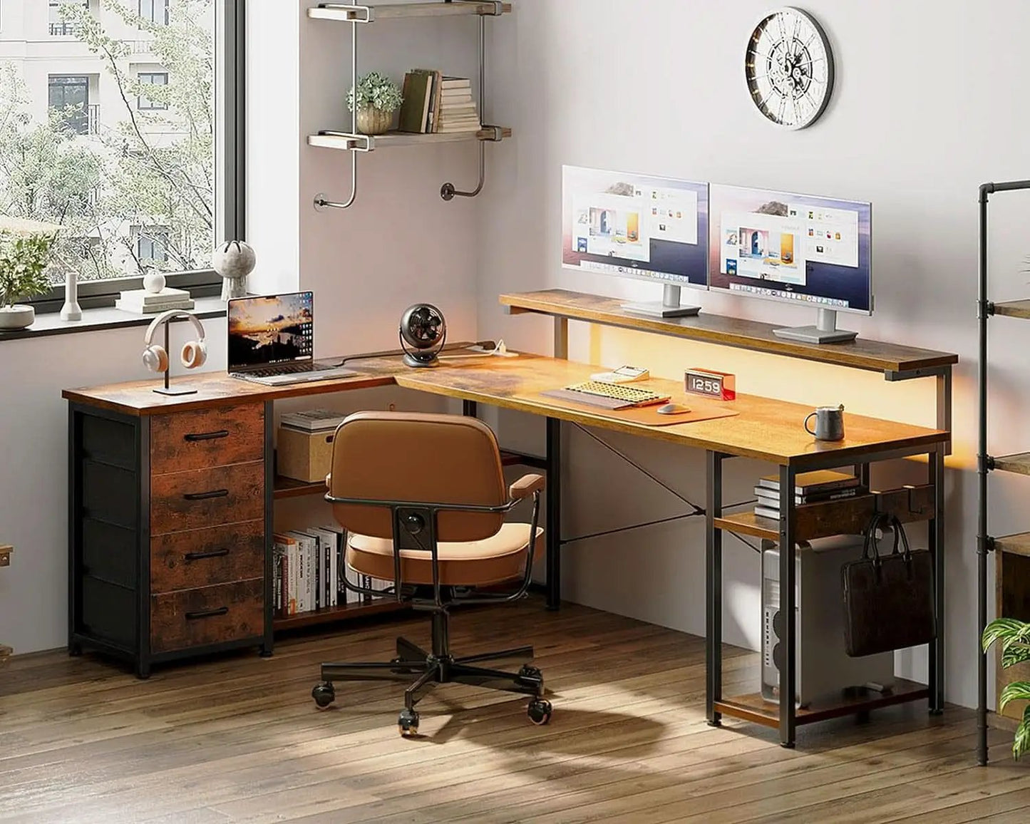 61 Inch L Shaped Desk With Power Outlets And LED Lights from PriceLows™