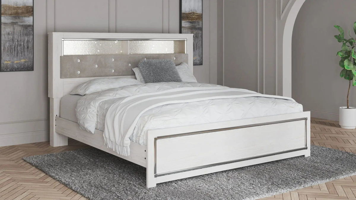 Altyra King Bookcase Panel Bed | Storage Bed | Engineered Wood & Polyester | White
